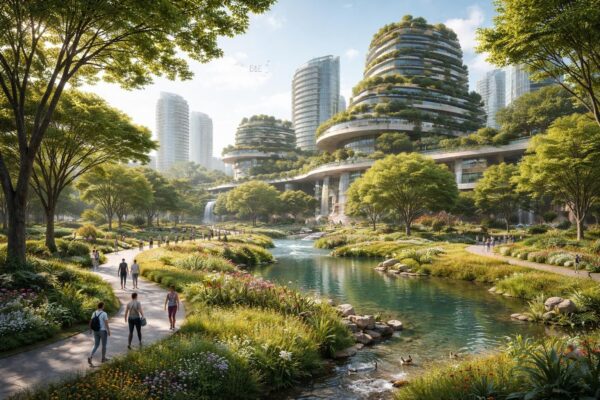 Exploration des espaces verts dans la ville du futur écologique Bede