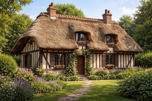Visitez une maison typique normande avec colombages et chaume