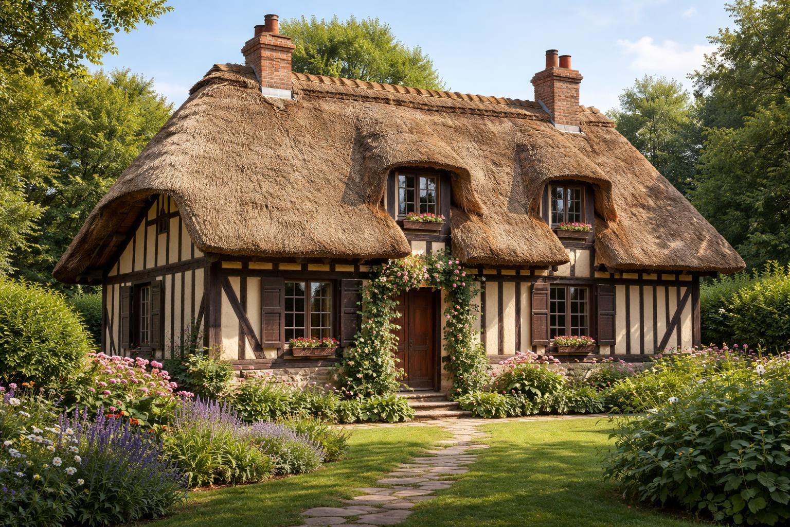 Visitez une maison typique normande avec colombages et chaume