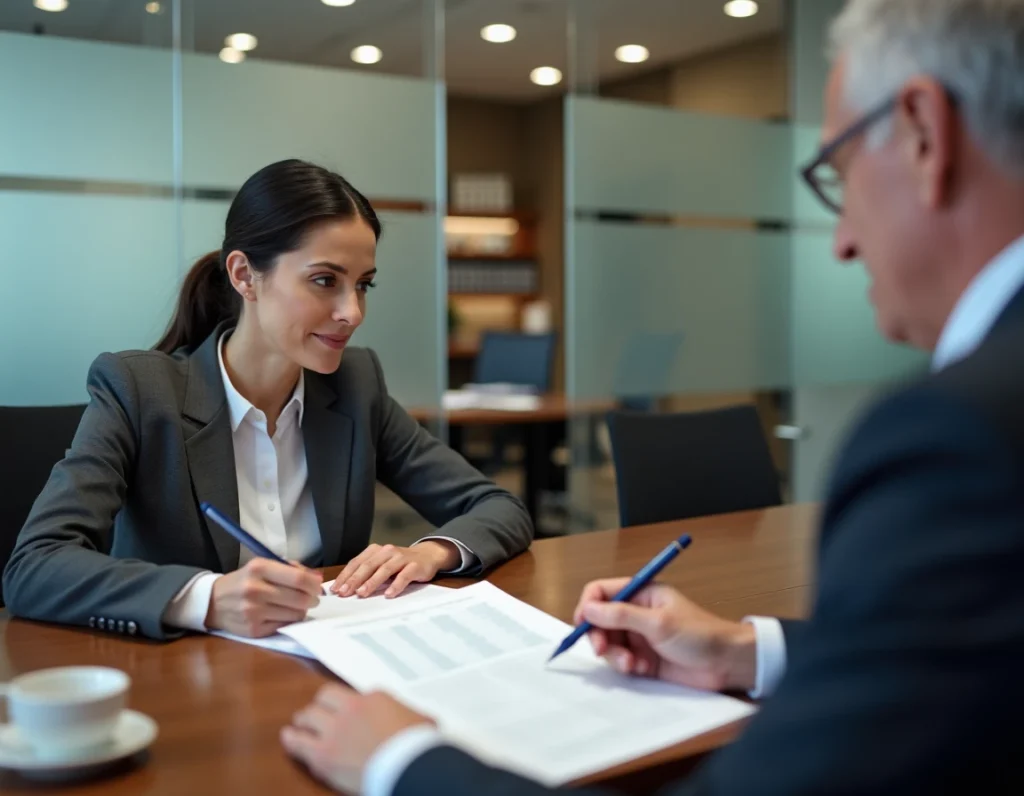 Conseillère immobilière et client senior examinant ensemble une simulation viager imprimée sur Excel lors d'un rendez-vous professionnel
