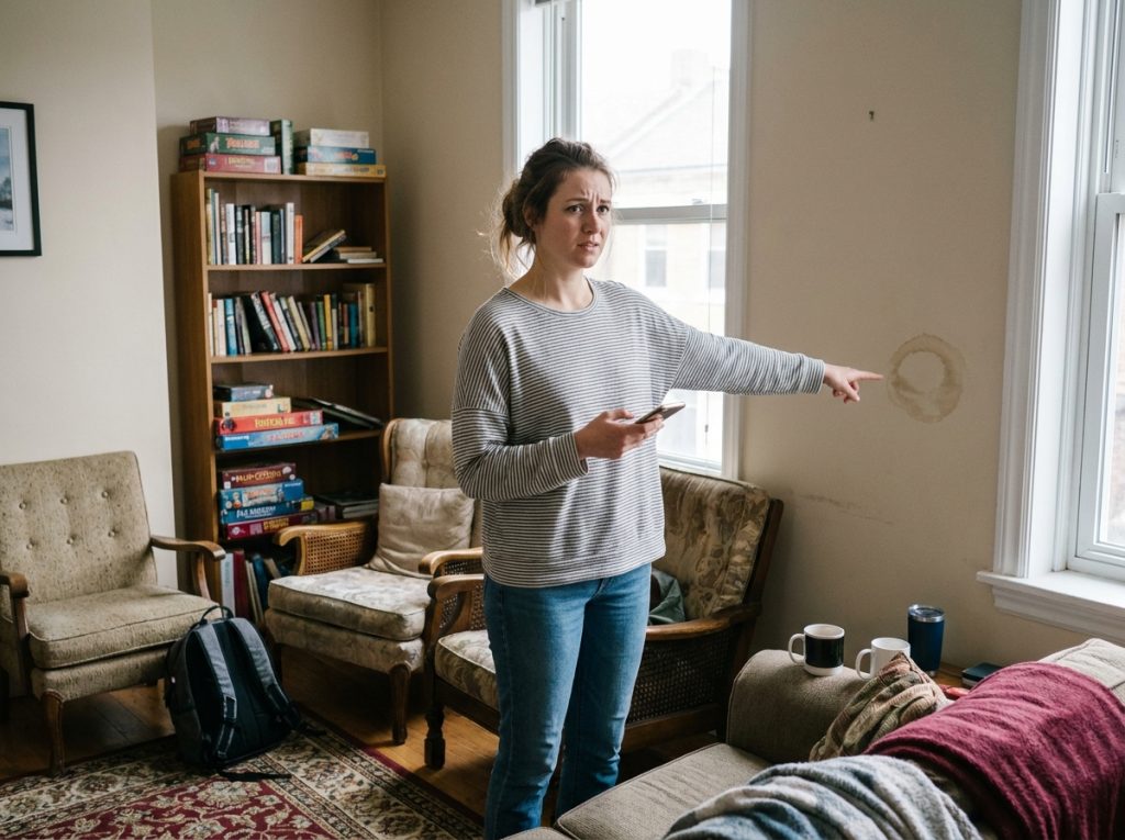 Colocataire constatant un dégât des eaux dans le salon de son appartement en colocation