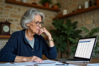 Femme de 60 ans consultant un simulateur viager sur Excel à sa table de cuisine, entourée de documents immobiliers