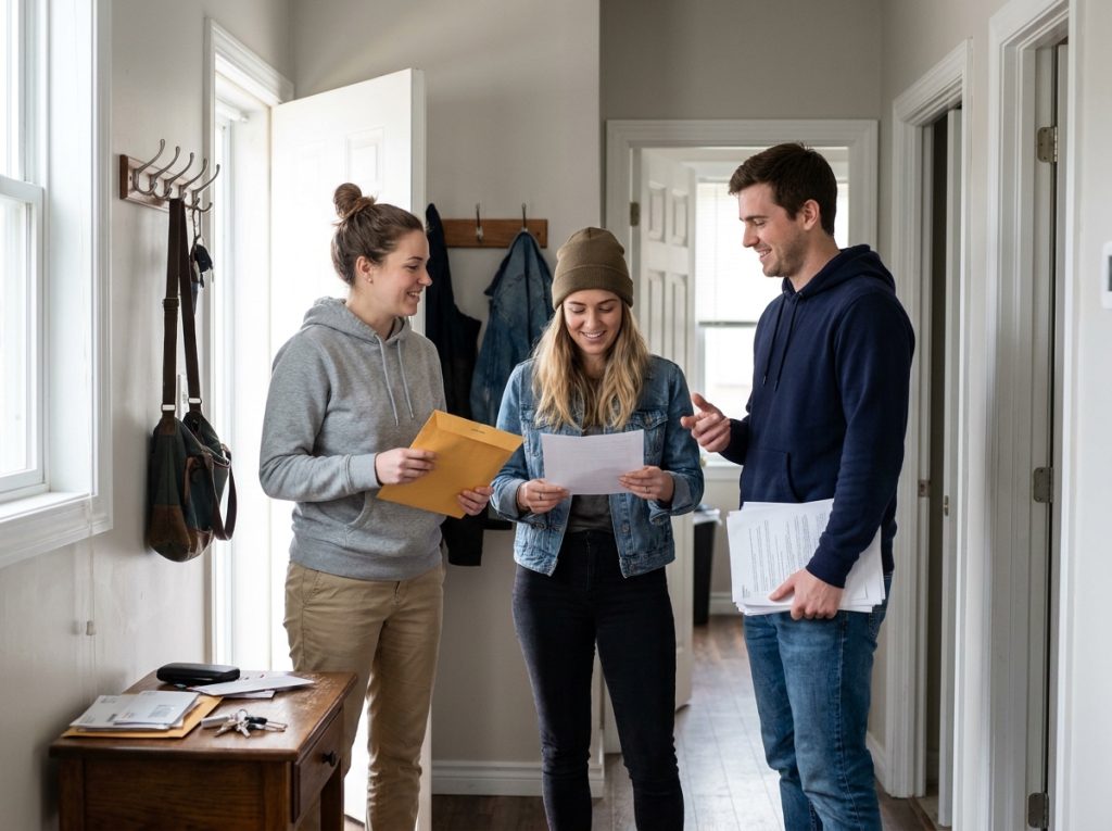 Trois colocataires organisent leurs documents d'assurance habitation dans le couloir de leur appartement partagé