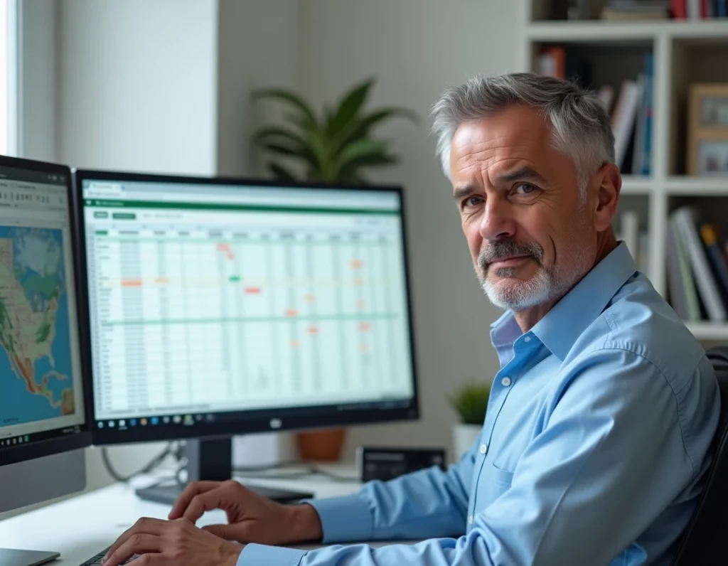 Homme consultant un simulateur viager Excel sur double écran dans un bureau à domicile avec documents immobiliers