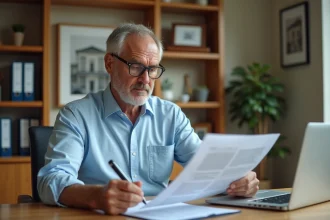 Propriétaire bailleur examinant attentivement un contrat de location à son bureau pour choisir une assurance loyer impayé