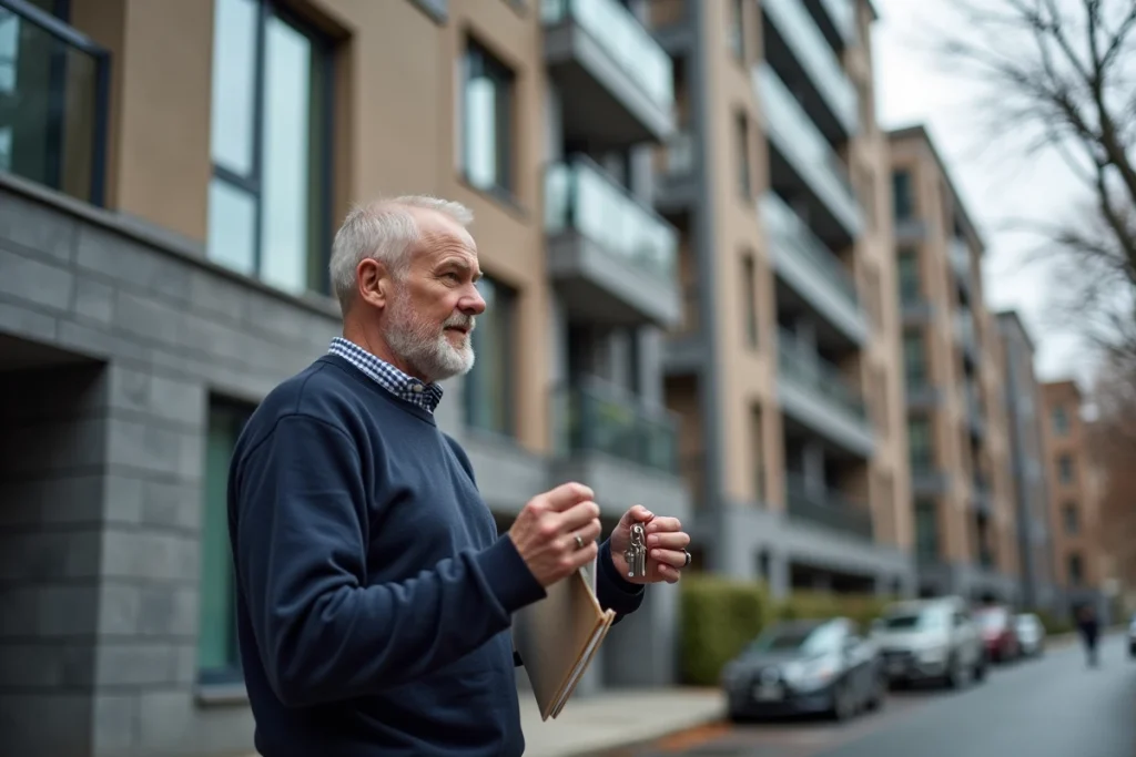 Propriétaire immobilier devant son immeuble locatif tenant les clés, illustrant la protection des revenus locatifs