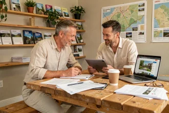 Un couple en train d'étudier des documents pour l'achat d'un terrain de camping dans un bureau moderne