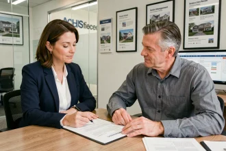Agent immobilière et propriétaire signant un mandat de gestion locative dans une agence immobilière moderne