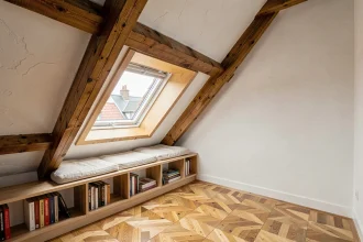 Combles rénovés avec bibliothèque intégrée sous les pentes et coin lecture aménagé près d'une fenêtre de toit