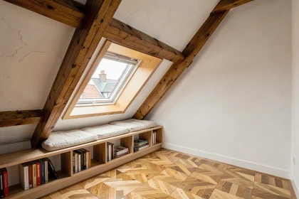 Combles rénovés avec bibliothèque intégrée sous les pentes et coin lecture aménagé près d'une fenêtre de toit