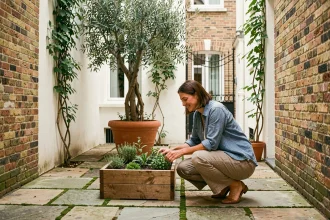Femme aménageant une cour intérieure de maison de ville rénovée avec pavés en pierre naturelle et jardinières en bois