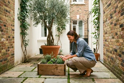 Femme aménageant une cour intérieure de maison de ville rénovée avec pavés en pierre naturelle et jardinières en bois