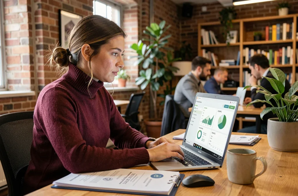 Analyste immobilière étudiant des indicateurs de conformité RSE et CEAPC sur un ordinateur dans un espace de coworking
