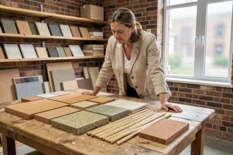 Architecte féminine examinant des échantillons de matériaux écologiques comme le liège, le chanvre et le bambou dans un studio de rénovation