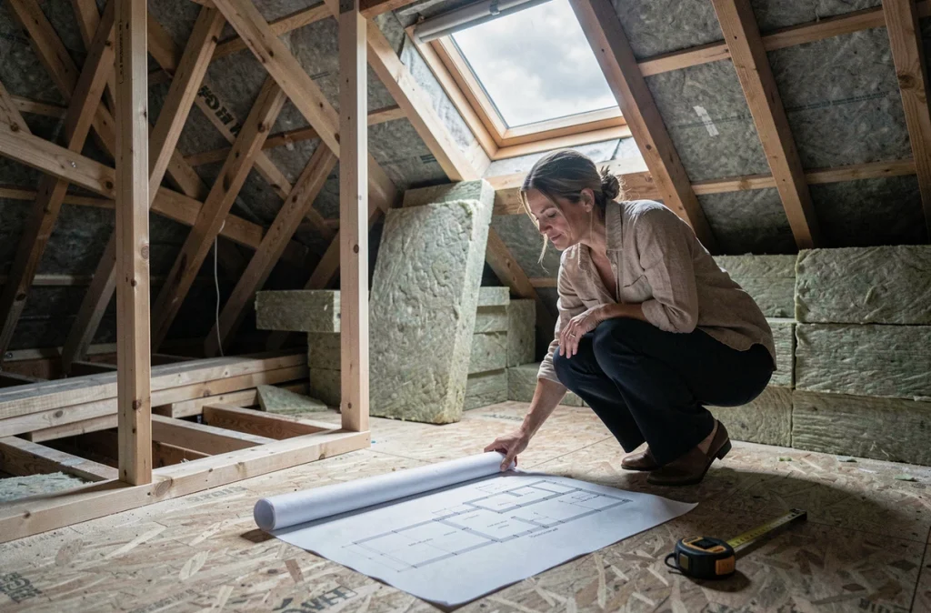Architecte d'intérieur en train d'étudier des plans dans des combles en cours de rénovation avec isolation et charpente apparente