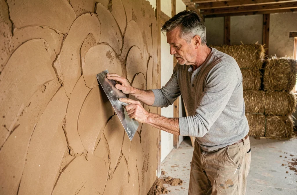 Artisan appliquant un enduit en argile naturelle sur un mur intérieur lors d'une rénovation écologique dans une maison ancienne
