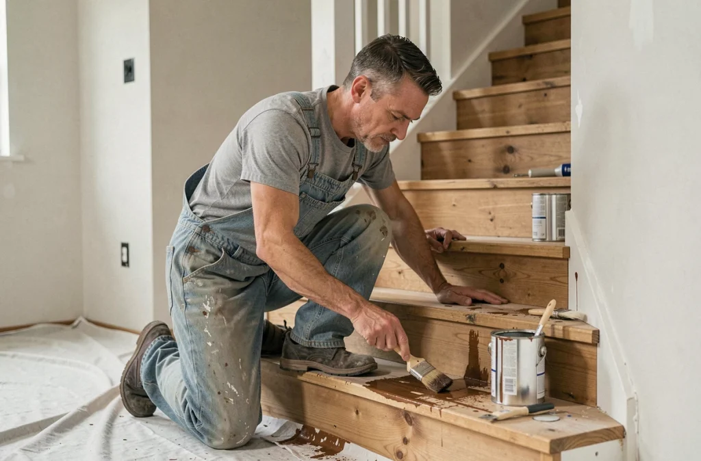 Artisan appliquant une teinture sur les marches d'un escalier en bois en cours de rénovation