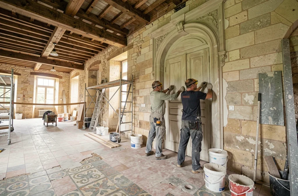 Artisans restaurant les moulures en plâtre d'un manoir historique français classé, avec poutres apparentes et carrelage ancien