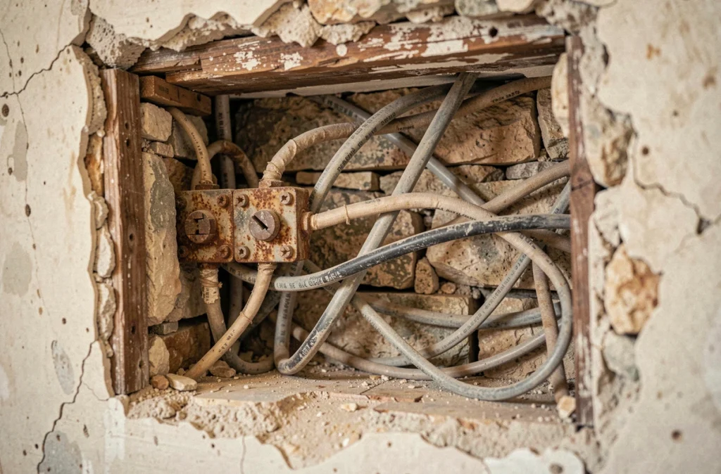 Câblage électrique vétuste et non conforme découvert dans un mur en pierre d'une maison ancienne à Pézenas