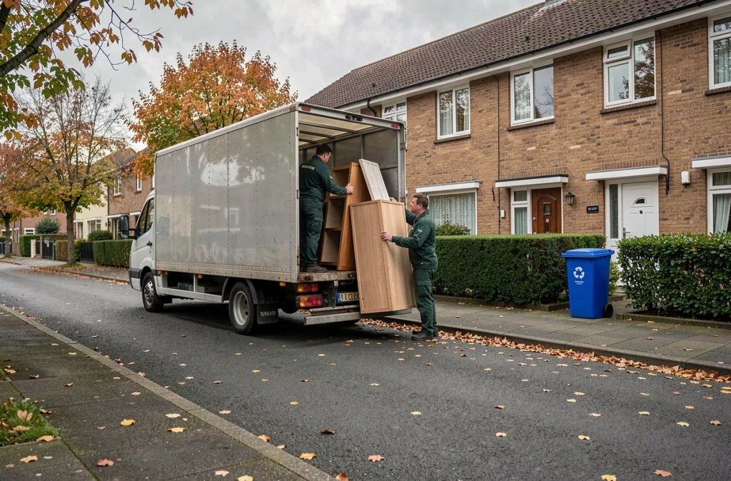 Camion de déménagement chargé par deux déménageurs professionnels dans une rue résidentielle en automne