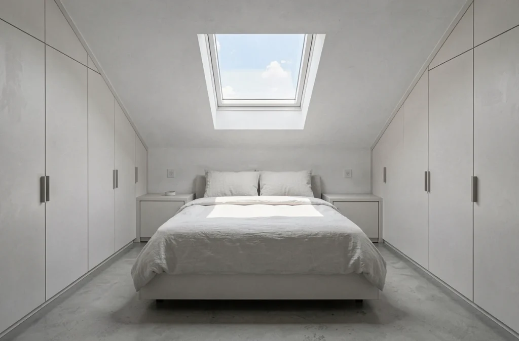 Chambre sous combles avec lit en bois sur estrade, placards intégrés dans les rampants et fenêtre de toit au-dessus du lit