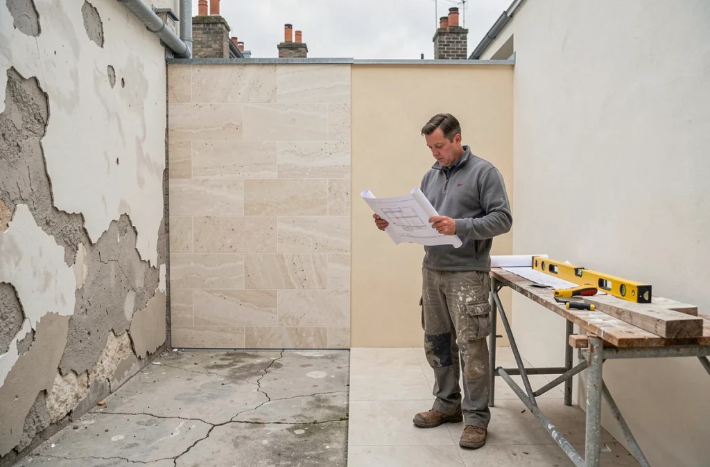 Chantier de rénovation d'une cour intérieure urbaine montrant le contraste entre ancien et nouveau revêtement de sol