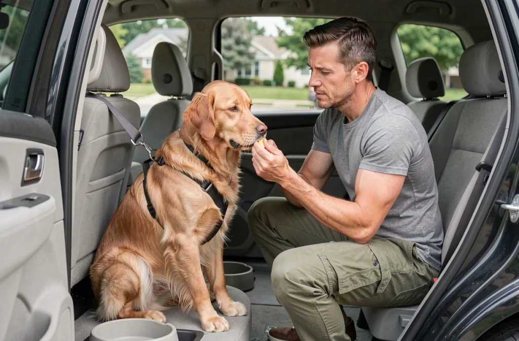 Homme sécurisant son chien avec un harnais dans le coffre d'un SUV avant un déménagement