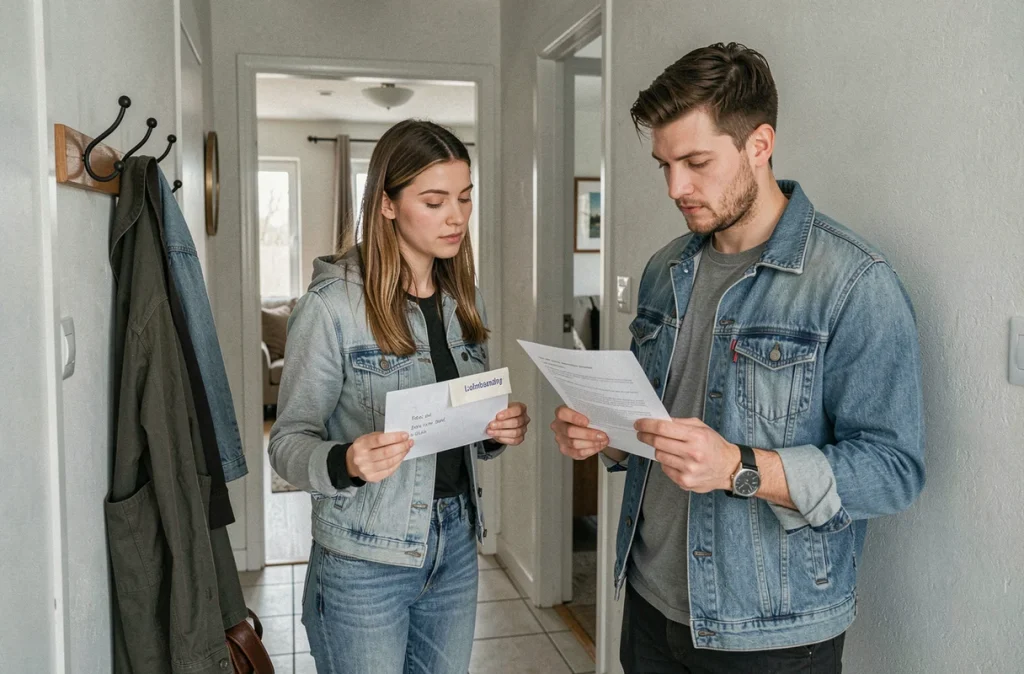 Deux colocataires remettant une lettre de préavis dans le couloir de leur appartement partagé