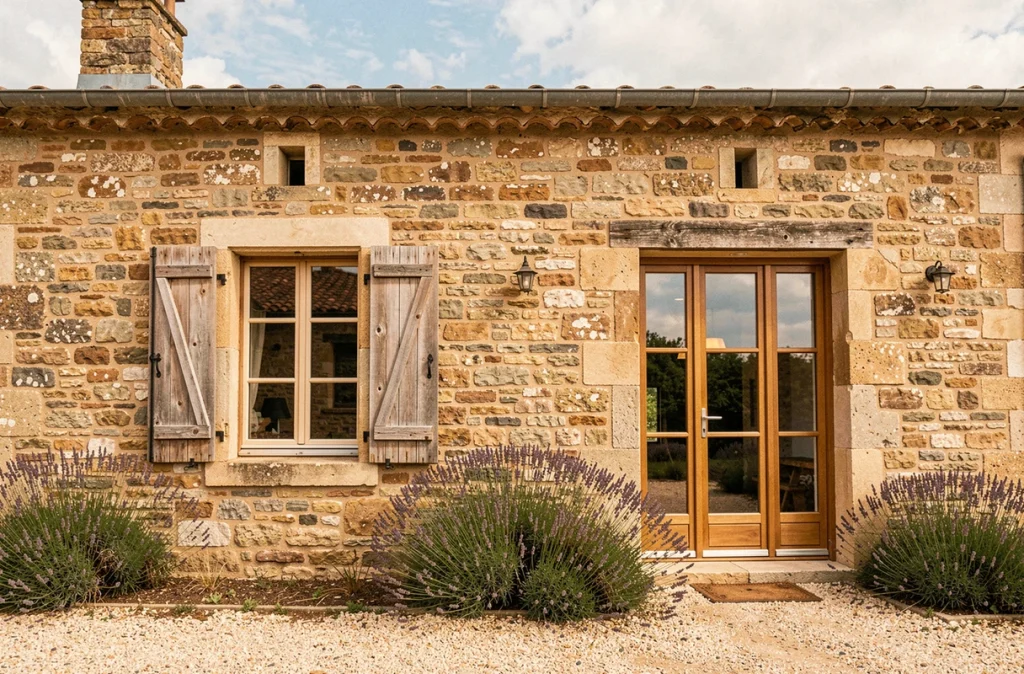 Comparaison entre une ancienne fenêtre simple vitrage et une nouvelle menuiserie triple vitrage sur une maison en pierre de campagne française
