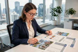 Femme professionnelle comparant des offres immobilières sur des documents imprimés dans un bureau moderne