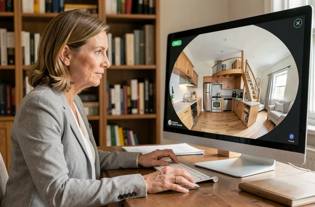 Femme consultant une visite virtuelle 360 d'un studio sur ordinateur pour évaluer un investissement immobilier locatif