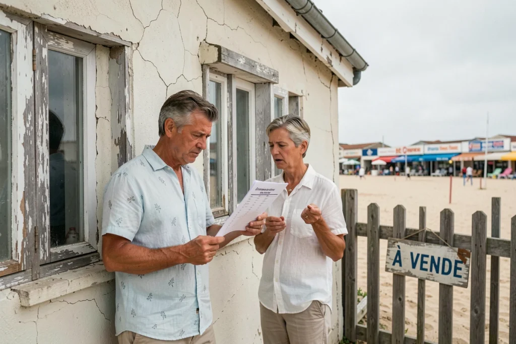 Couple inspectant une maison de pêcheur à vendre proche d'une plage touristique avec une liste de vérification