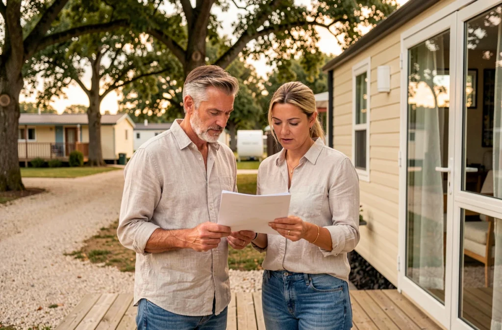 Couple examinant des documents pour l'achat d'une parcelle avec mobil home en Vendée