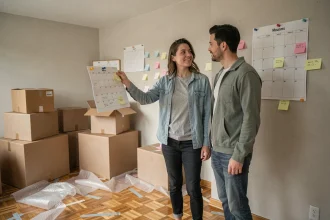 Couple consultant un calendrier pour planifier la meilleure période de déménagement dans un appartement à moitié emballé
