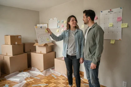 Couple consultant un calendrier pour planifier la meilleure période de déménagement dans un appartement à moitié emballé
