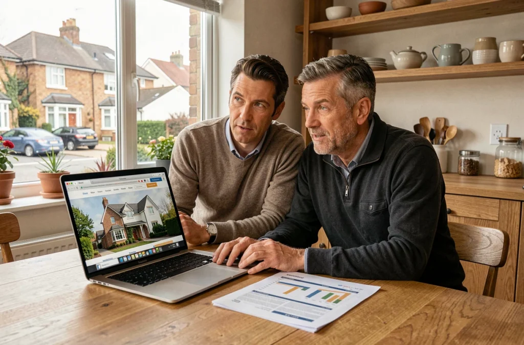 Couple comparant des offres immobilières sur un ordinateur portable et des documents à la maison