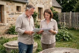 Couple examinant les documents de diagnostic d'une fosse septique non conforme dans le jardin d'une maison de campagne en pierre