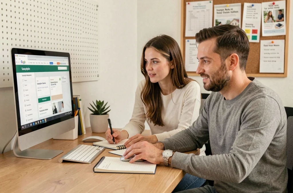 Couple gérant ensemble le transfert de leurs abonnements sur ordinateur lors d'un déménagement