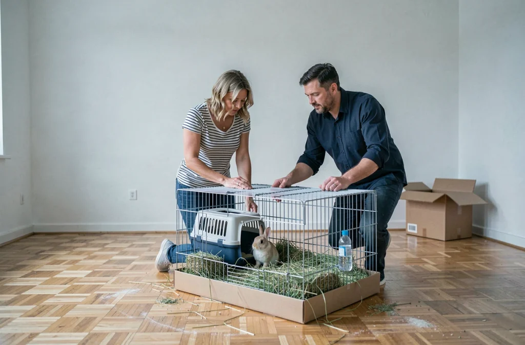 Couple installant leur lapin dans un nouveau logement après un déménagement, entouré de cartons