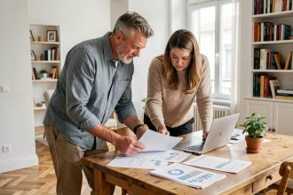 Couple de propriétaires examinant des documents liés à la prolongation de leur investissement Pinel dans leur appartement moderne