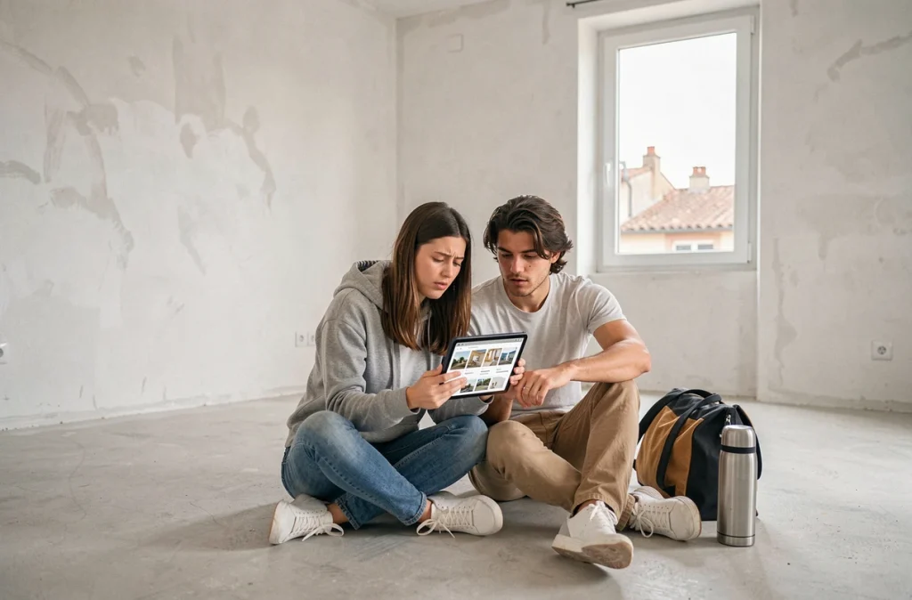 Couple cherchant un logement en urgence sur une annonce de location dans l'Aude via une tablette