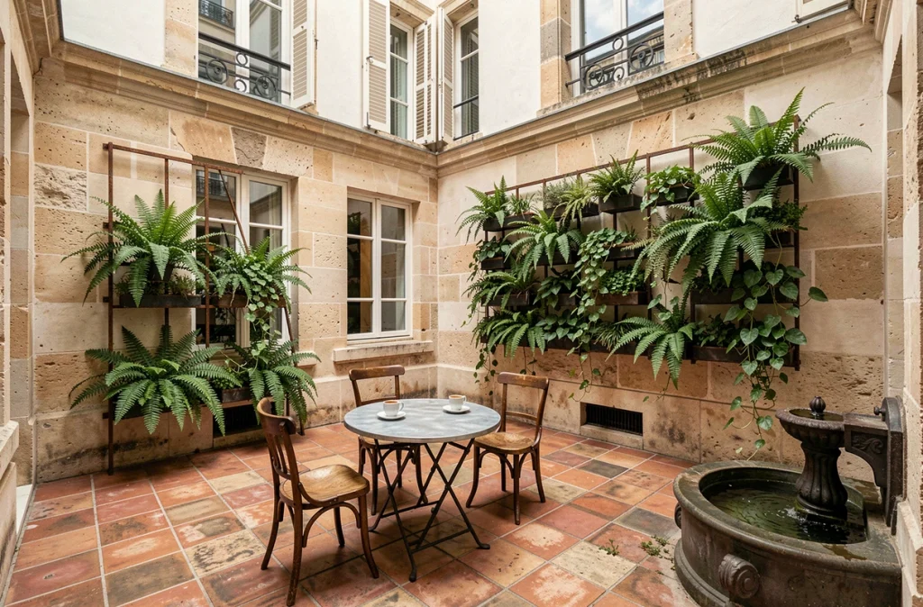 Cour intérieure rénovée d'une maison haussmannienne aménagée en salon extérieur avec jardin vertical et fontaine en fonte