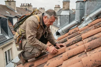 Couvreur inspectant une toiture commune en tuiles d'argile sur un immeuble résidentiel parisien