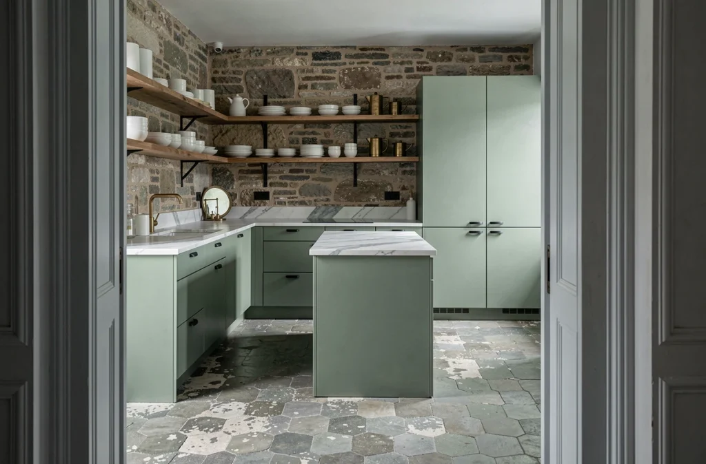 Cuisine d'appartement haussmannien modernisée avec façades vert sauge matte, plan de travail en marbre et mur en pierre apparente conservé