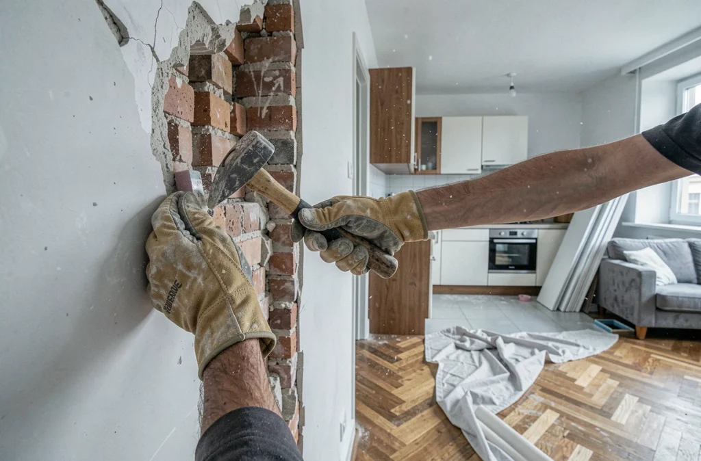 Demolition d'une cloison pour creer une cuisine ouverte lors d'une renovation d'appartement
