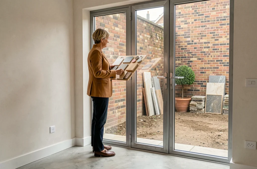 Designer d'intérieur étudiant l'aménagement d'une cour intérieure depuis les portes vitrées d'une maison de ville en rénovation