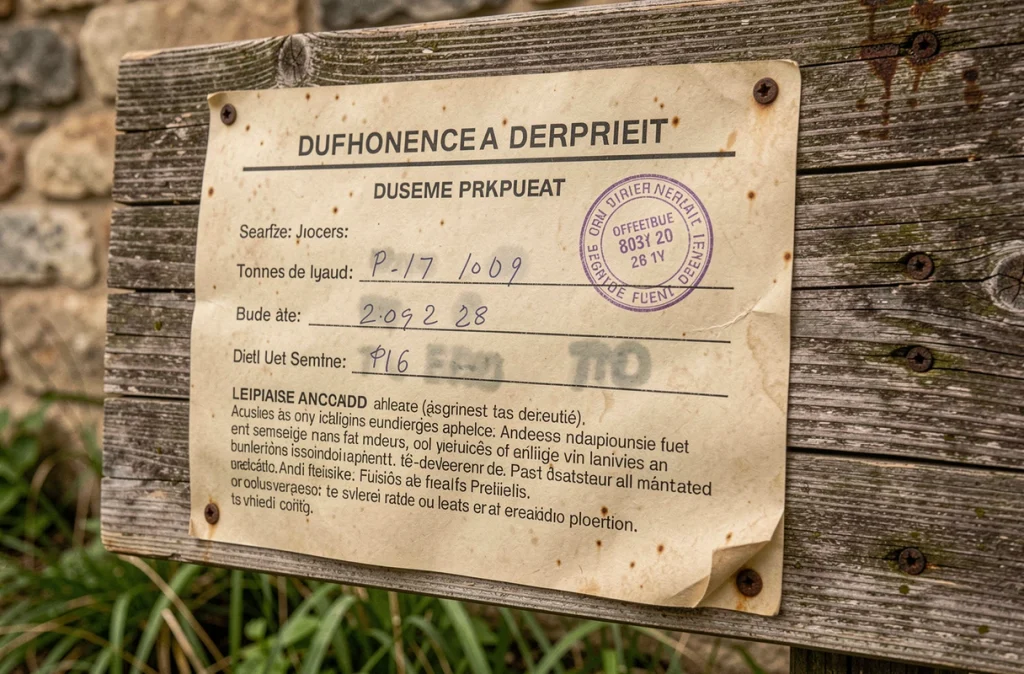 Gros plan sur un panneau de permis de construire vieilli avec tampon officiel et texte réglementaire