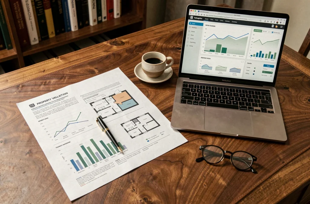 Documents d'estimation immobilière de prestige sur un bureau en noyer avec laptop et rapport d'analyse