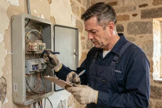 Électricien inspectant un tableau électrique vétuste dans un logement ancien à Pézenas
