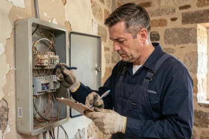 Électricien inspectant un tableau électrique vétuste dans un logement ancien à Pézenas